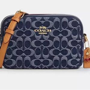 COACH Signature Denim Crossbody Bag in Navy with Tan Strap
